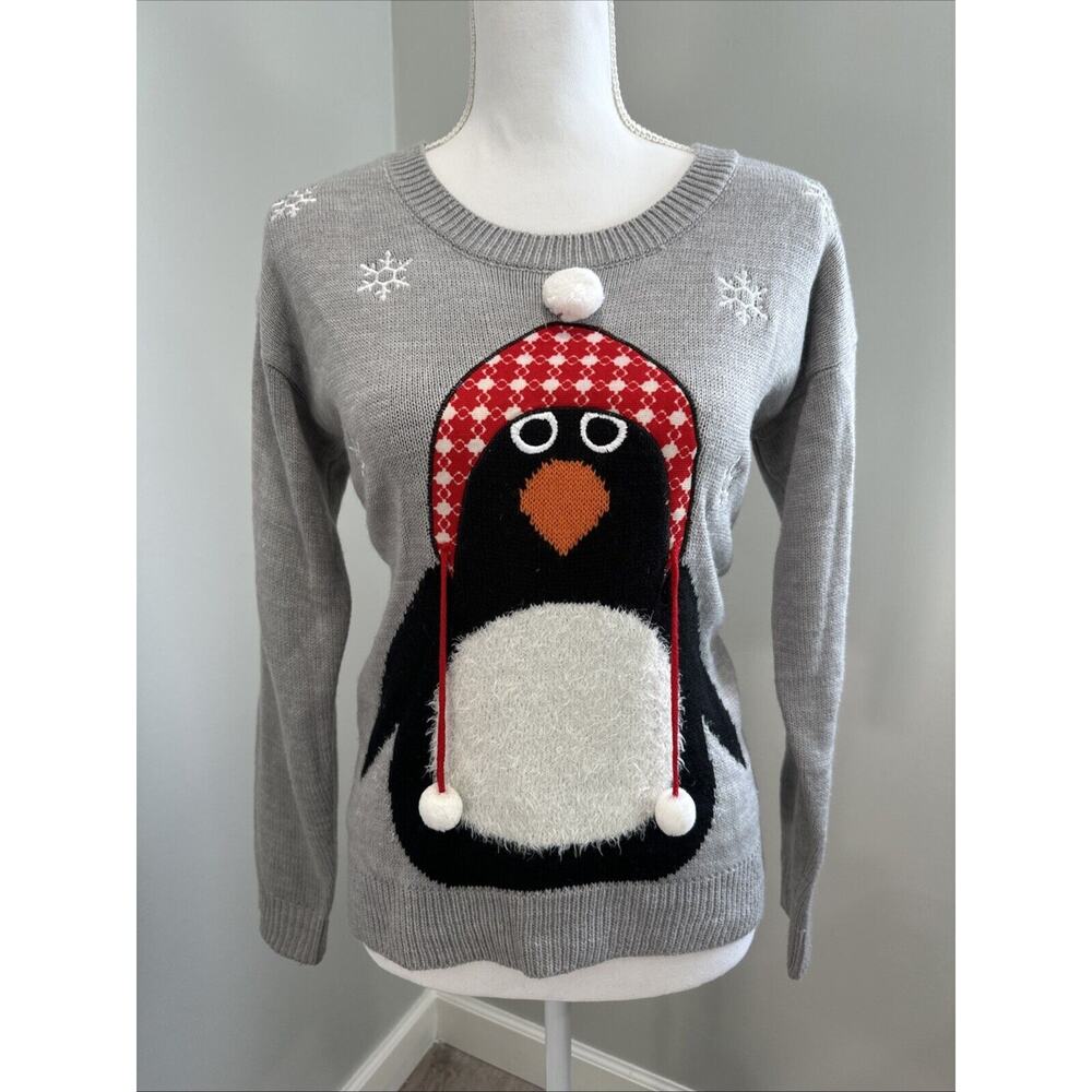 No Boundaries Crewneck Knit Penguin Ugly Sweater Pullover Gray Womens S/CH 3-5